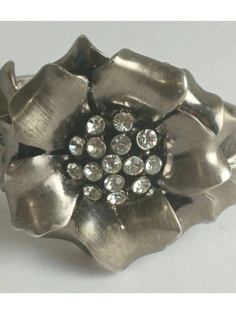 Vintage Estate Silver Tone Spring Flower Crystal Designer Hinged Bracelet